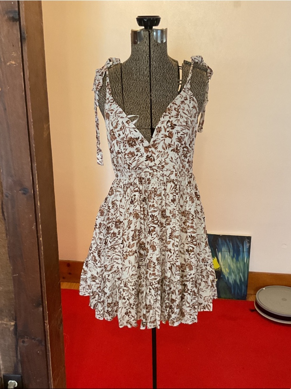 Floral Tie-Shoulder Mini Dress in Cream and Brown